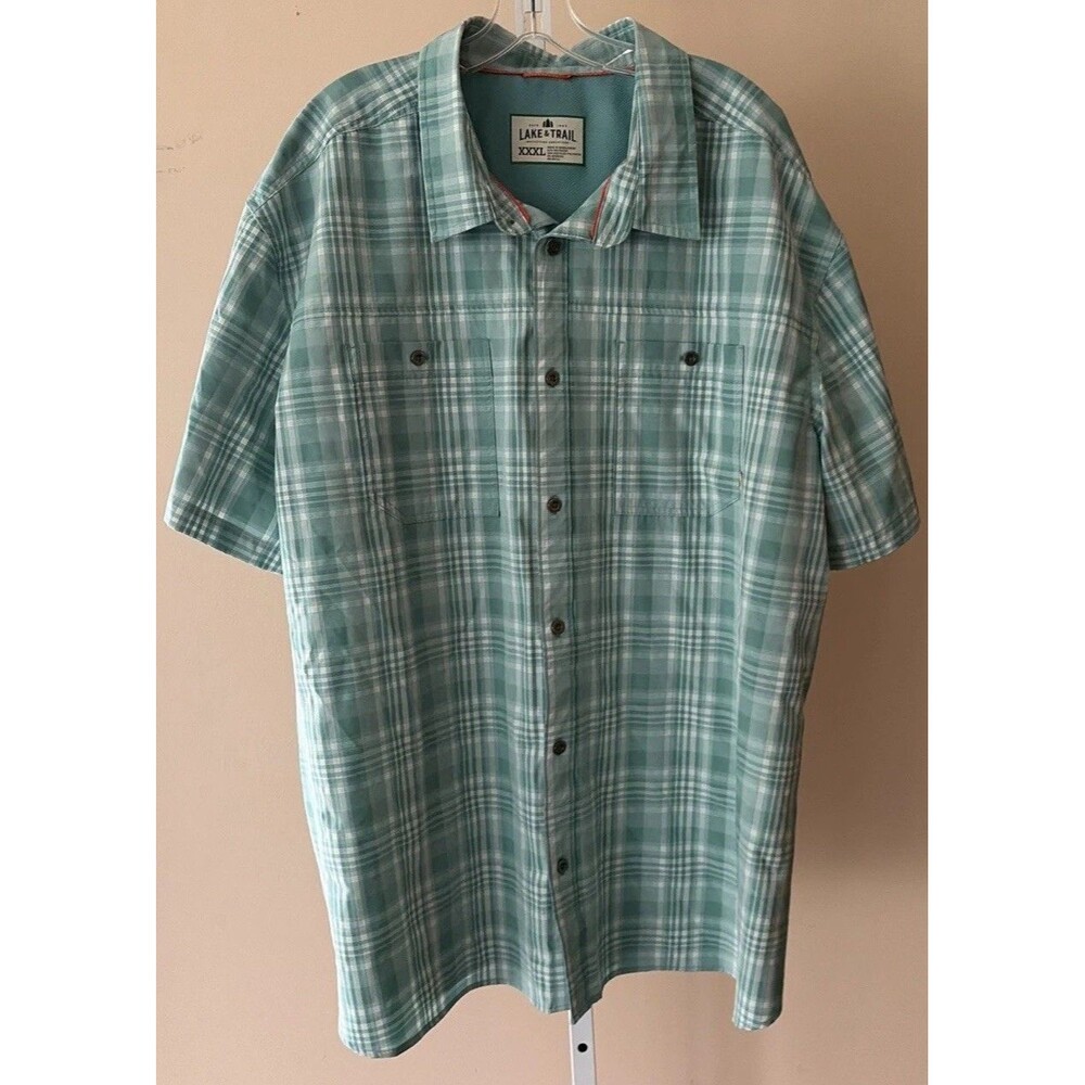 Lake & Trail 3XL Short Sleeve Stretch Vented Outdoor Hiking Shirt Aqua Plaid
